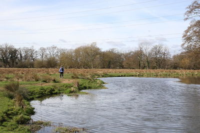 Rear view of person by river on field