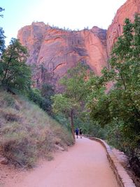 Road amidst rocks and trees against sky