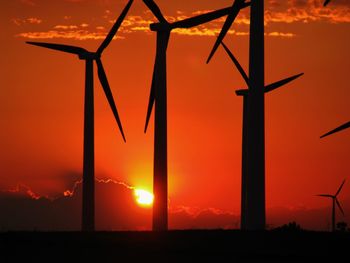 Silhouetted wind turbines at sunset