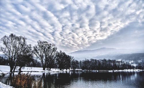 Scenic view of lake against cloudy sky