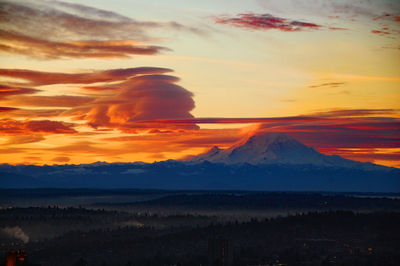 Scenic view of mountain range against cloudy sky