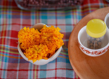 High angle view of food in bowl on table