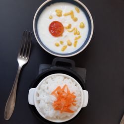 High angle view of breakfast served on table
