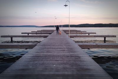 Rear view of man standing on pier at beach during sunset