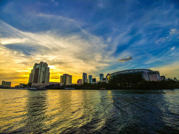 City at waterfront during sunset