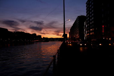 Silhouette buildings by street against sky at sunset
