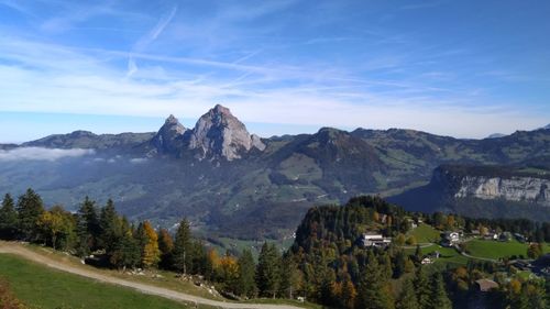 Scenic view of landscape and mountains against sky