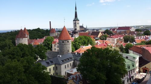 High angle view of townscape against sky in city