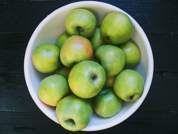 High angle view of apples in bowl on table
