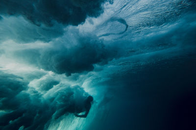 Underwater view of a surfer being wiped out by a powerful wave