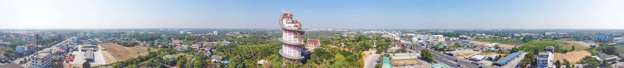 High angle view of modern buildings in city