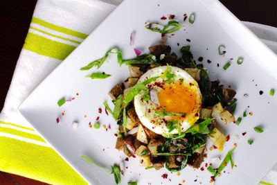 High angle view of boiled egg on potatoes in plate