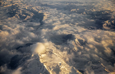 High angle view of majestic snow-covered mountain peaks