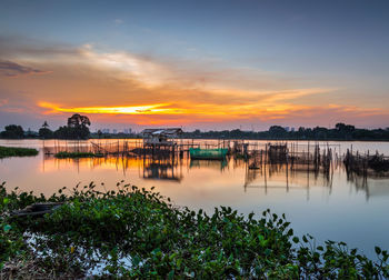 Scenic view of lake against sky during sunset