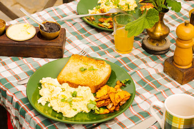 High angle view of breakfast on table