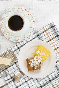 High angle view of breakfast served on table