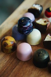 High angle view of candies on table