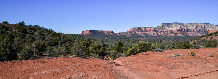 Panoramic view of rocky mountains against clear sky