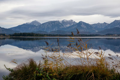 Scenic view of lake by snowcapped mountains against sky