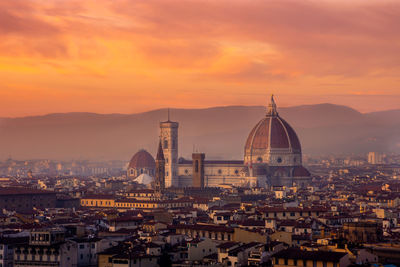 Aerial view of city at sunset