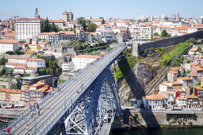 High angle view of bridge over river amidst buildings in city