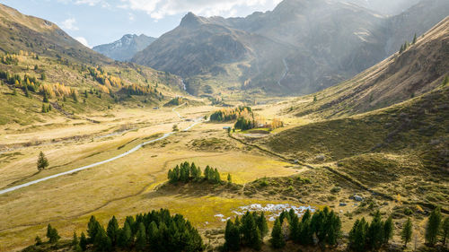 Aerial image of alpine highlands in autumn, nassfeld in sportgastein, salzburg, austria