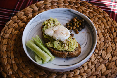 High angle view of breakfast in basket