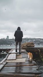 A man and a cat are walking on the pier