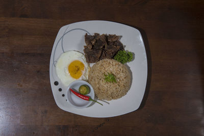 High angle view of breakfast served on table