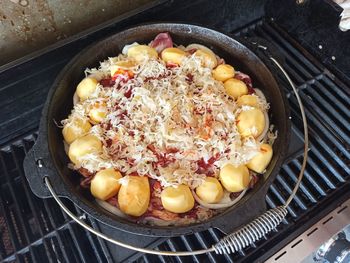 High angle view of food on barbecue grill