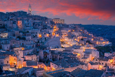 The old town of matera, basilicata, southern italy during a beautiful sunset. 