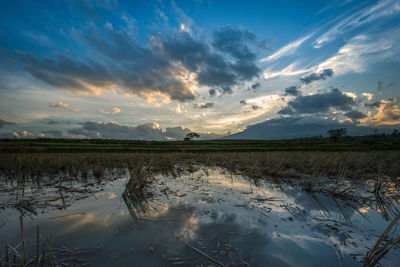 Reflection of clouds in calm lake