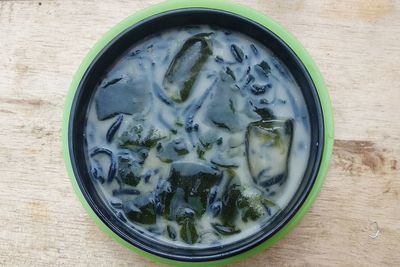 High angle view of soup in bowl on table