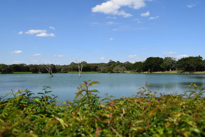 Scenic view of calm lake against cloudy sky