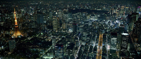 High angle view of illuminated modern buildings in city at nighttokyo- japan