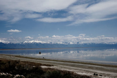 Scenic view of lake against cloudy sky