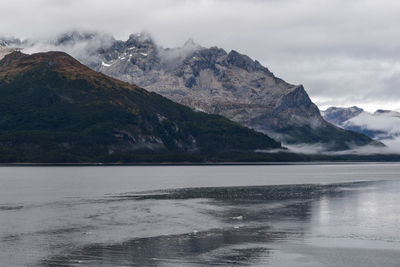 Scenic view of lake and mountains against sky