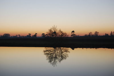 Silhouette trees by lake against sky during sunset