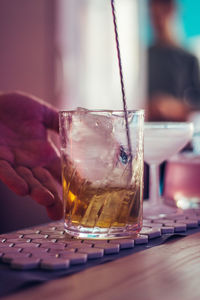 Close-up of beer glass on table