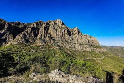 Rock formations on landscape against clear blue sky