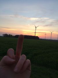 Human hand on field against sky during sunset