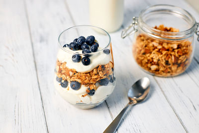 Homemade granola with nuts and fresh blueberries for breakfast. healthy breakfast. vegetarian food