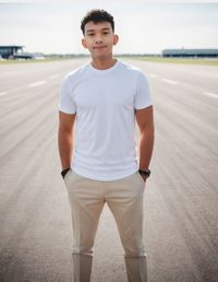 Portrait of young man walking on road