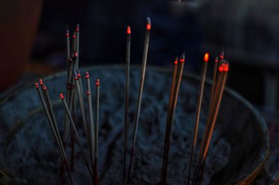 Close-up of incenses burning