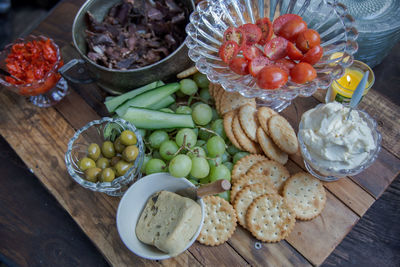 High angle view of fruits in container on table