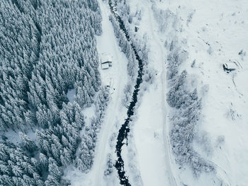 High angle view of snow covered land