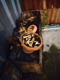 High angle view of food on wooden door in building