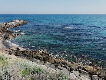 Scenic view of sea against clear sky