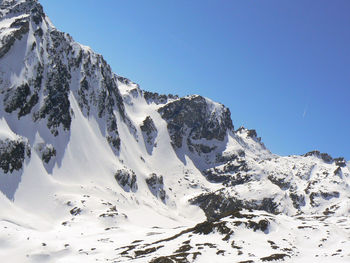 Scenic view of snow covered mountains against clear sky