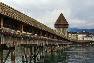 View of bridge over river against buildings